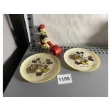 VINTAGE MICKEY MOUSE ROLLER AND TWO PLATES
