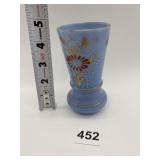 ANTIQUE ENAMELED BLUE OPALINE VASE HAND PAINTED