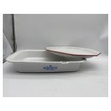 CORNING BAKING PAN AND PORCELAIN RED RIM TRAY