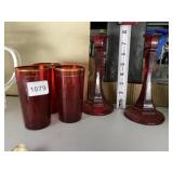 RUBY GLASSES AND 2 CANDLESTICKS