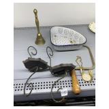 BRASS BELL, HAND SAW, PORCELAIN CORNER STRAINER,