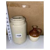 CREAM CROCK WITHOUT HANDLE AND BROWN PITCHER
