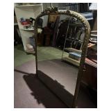 ARCHED TOP MIRROR HAS FRET WORK DAMAGE ON TOP