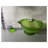 FROSTED GREEN DOUBLE HANDLED FLORAL BOWL AND