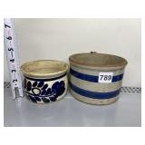 TAN DECORATED CROCK AND BANDED CROCK