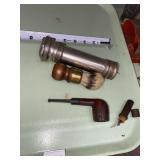 ANTIQUE FLASHLIGHT, PIPE AND SHAVING BRUSH