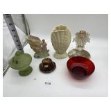 SHELL VASE, RUBY BOWL, FROSTED CANDLE HOLDER