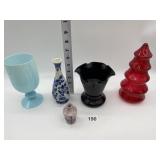 BLUE OPALINE GLASS, BLACK RUFFLE EDGE VASE, GLASS