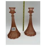 PINK DEPRESSION SWIRL DESIGN PAIR OF CANDLESTICKS