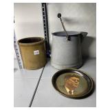 CROCK HAS SMALL CHIP ON EDGE, ENAMELED PITCHER W/