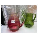 CRANBERRY WATER PITCHER W/ PINCHED SPOUT AND GOLD