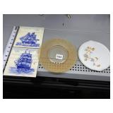 2 DELFT TILES, GOLD PLATE AND PORCELAIN HAND