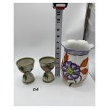 JOHN TAYLOR EGG CUPS AND HAND PAINTED VASE