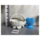 WHITE MILK GLASS BASKET AND BLUE HEART SHAPE