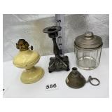 TIN OIL LAMP, JAR WITH GLASS LID FROM BARBER