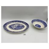 BLUE, WHITE WILLOW PLATE AND BOWL