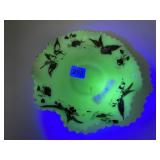 FENTON PAINTED BIRD RUFFLED MILK GLASS DISH