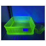 LARGE VASELINE/URANIUM GLASS BAKING DISH AND CUP
