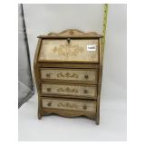 WOOD MUSICAL JEWELRY CHEST DROP FRONT AND 3