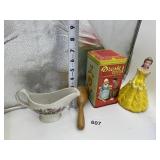 COCA TIN, GRAVY BOAT, SOCK DARNER, FIGURINE IN