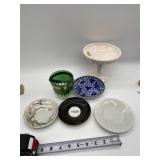 PINK MILK GLASS PEDESTAL DISH, SAUCERS AND