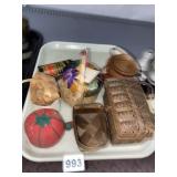PIN CUSHIONS, WOVEN BASKET ETC.