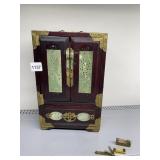 ROSEWOOD JEWELRY BOX W/ CARVED STONE INSET BRASS