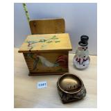 VINTAGE WOODEN RECIPE BOX, SNOWMAN PAPER WEIGHT,