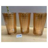 3 MARIGOLD CARNIVAL GLASS GLASSES, SMALL WHITE