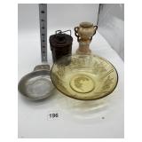 CHEESE CROCK, AMBER BOWL, PEWTER DISH