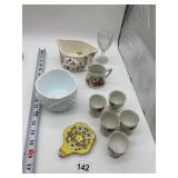 5 GERMAN EGG CUPS, MILK GLASS GRAPE PATTERN BOWL,
