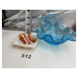 AGATE GLASS ASHTRAY AND BLUE RUFFLED EDGE BOWL