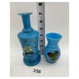 TWO BLUE HAND PAINTED LUSTER VASES SMALL ONE HAS