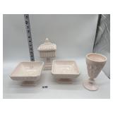 PINK MILK GLASS PIECES INCLUDING COVERED COMPOTE,