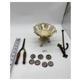 METAL DISH, VINTAGE CURLING IRON AND HOOK