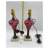 PAIR OF CRANBERRY ETCHED CENTER GLASS LAMPS WITH
