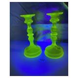 PAIR OF VASELINE URANIUM GLASS CANDLESTICKS