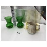 AMBER COLOR CHAMPAGNE GLASSES, GREEN VASES