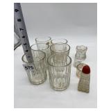 6 DRINKING GLASSES, SALTSHAKER AND TOOTHPICK