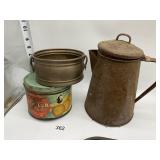 WAFERS CONTAINER, TIN COFFEE POT, BRASS PLANTER