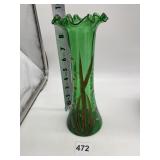 GREEN VASE W/ RUFFLE EDGE AND HAND PAINTED DESIGN