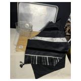 CUTTING BOARD OVER SINK, ALUM. BAKING PAN, TABLE