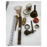 BRASS BELL, PINK DEPRESSION GLASS PITCHER AND