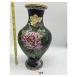 ENAMELED CHINESE VASE W/ BRASS BASE AND RIM 12" H