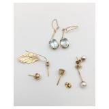 14K GOLD EARRINGS BLUE STONES LEAF SINGLE