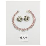 PINK AND CLEAR RHINESTONE NECKLACE CLIP EARRINGS