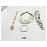 BEADED NECKLACE SILVER TONE OPEN LINKS PEARL