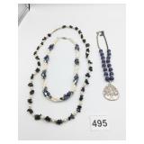 BLUE BEADED NECKLACE WITH ETCHED TREE PENDANT