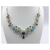 SILVER TONE CHOKER BLUE AND CLEAR RHINESTONES