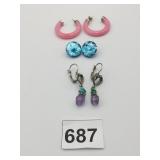 EARRINGS PINK HOOPS SILVER POSTS BLUE GLASS